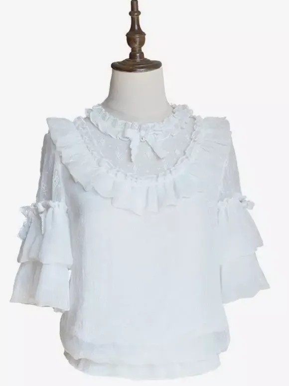 Gothic Lolita Blouses White Short Sleeves Lace Bows Lolita Top Lace Lolita Shirt