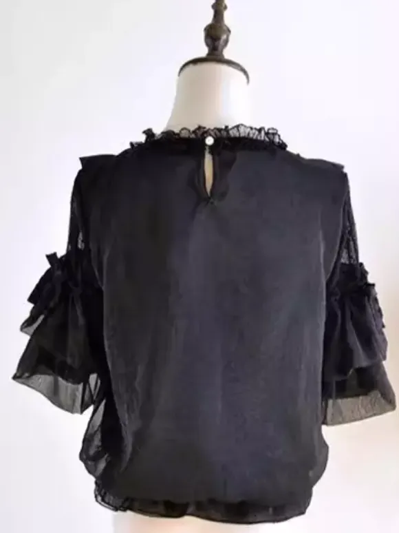 Gothic Lolita Blouses White Short Sleeves Lace Bows Lolita Top Lace Lolita Shirt