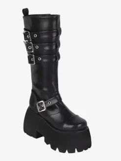 Gothic Lolita Boots Black Grommets Metallic Round Toe PU Leather Lolita Footwear