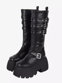 Gothic Lolita Boots Black Grommets Metallic Round Toe PU Leather Lolita Footwear