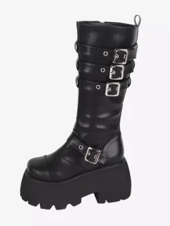 Gothic Lolita Boots Black Grommets Metallic Round Toe PU Leather Lolita Footwear