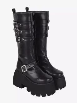 Gothic Lolita Boots Black Grommets Metallic Round Toe PU Leather Lolita Footwear