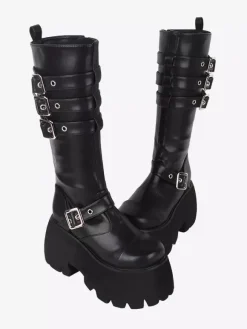 Gothic Lolita Boots Black Grommets Metallic Round Toe PU Leather Lolita Footwear
