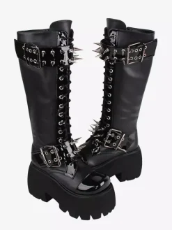 Gothic Lolita Boots Black Grommets Rivets Metallic Round Toe PU Leather Lolita Footwear