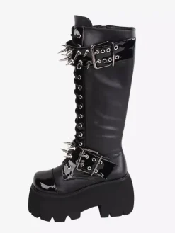 Gothic Lolita Boots Black Grommets Rivets Metallic Round Toe PU Leather Lolita Footwear