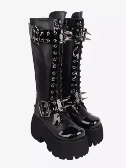 Gothic Lolita Boots Black Grommets Rivets Metallic Round Toe PU Leather Lolita Footwear