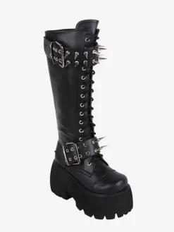 Gothic Lolita Boots Black Grommets Rivets Metallic Round Toe PU Leather Lolita Footwear