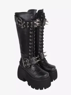 Gothic Lolita Boots Black Grommets Rivets Metallic Round Toe PU Leather Lolita Footwear