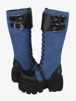 Gothic Lolita Boots Black Grommets Metallic Round Toe PU Leather Lolita Footwear