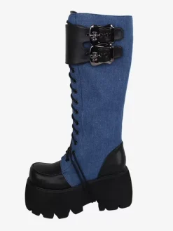 Gothic Lolita Boots Black Grommets Metallic Round Toe PU Leather Lolita Footwear