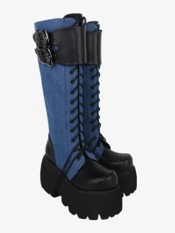 Gothic Lolita Boots Black Grommets Metallic Round Toe PU Leather Lolita Footwear