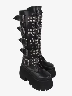 Gothic Lolita Boots Black Grommets Rivets Glitter Round Toe PU Leather Lolita Footwear