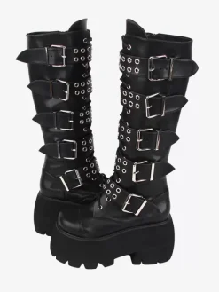 Gothic Lolita Boots Black Grommets Rivets Glitter Round Toe PU Leather Lolita Footwear