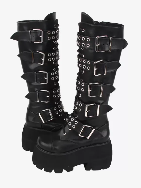 Gothic Lolita Boots Black Grommets Rivets Glitter Round Toe PU Leather Lolita Footwear
