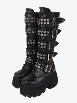 Gothic Lolita Boots Black Grommets Rivets Glitter Round Toe PU Leather Lolita Footwear