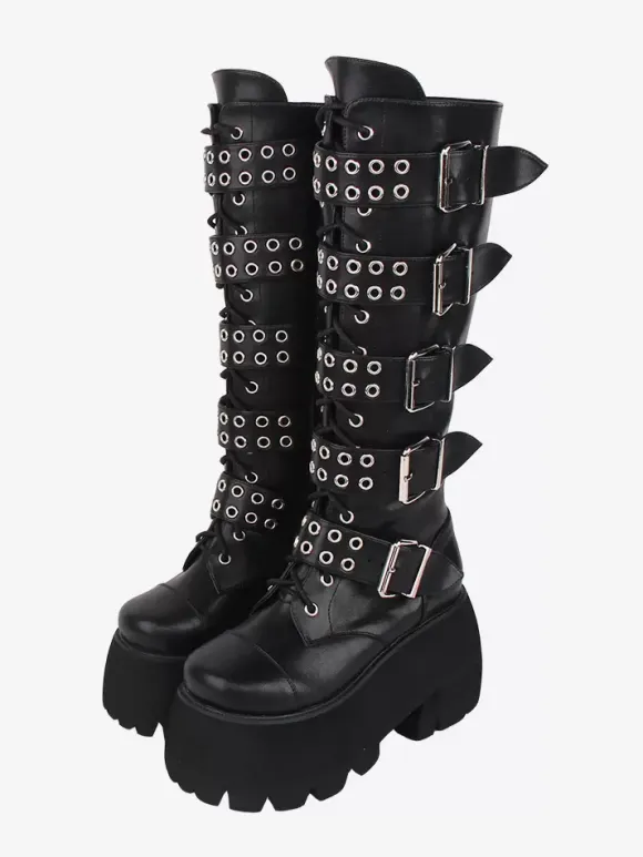 Gothic Lolita Boots Black Grommets Rivets Glitter Round Toe PU Leather Lolita Footwear