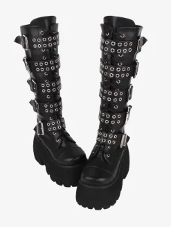 Gothic Lolita Boots Black Grommets Rivets Glitter Round Toe PU Leather Lolita Footwear