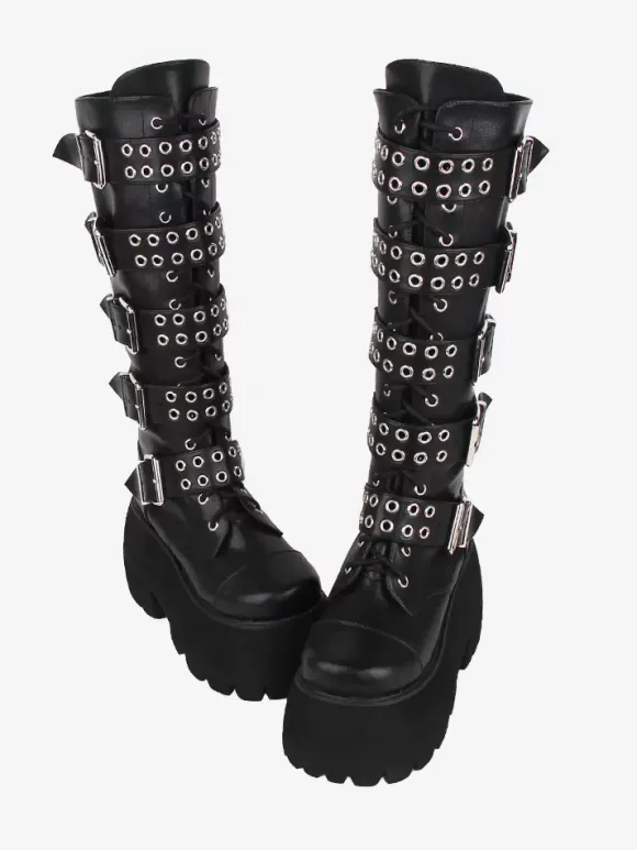Gothic Lolita Boots Black Grommets Rivets Glitter Round Toe PU Leather Lolita Footwear