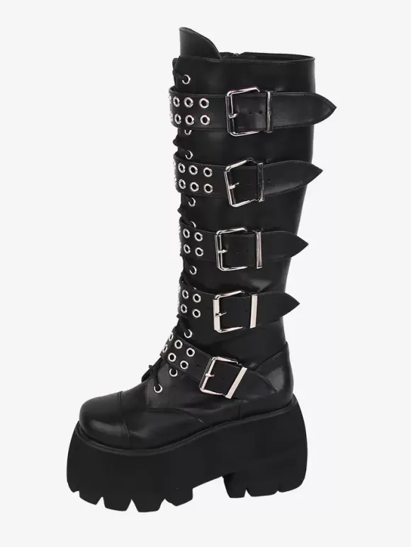 Gothic Lolita Boots Black Grommets Rivets Glitter Round Toe PU Leather Lolita Footwear