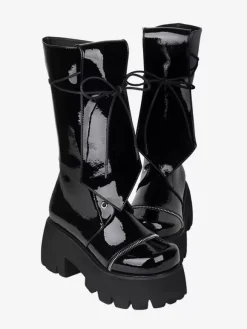 Gothic Lolita Boots Black Lace up Glitter Round Toe PU Leather Lolita Footwear