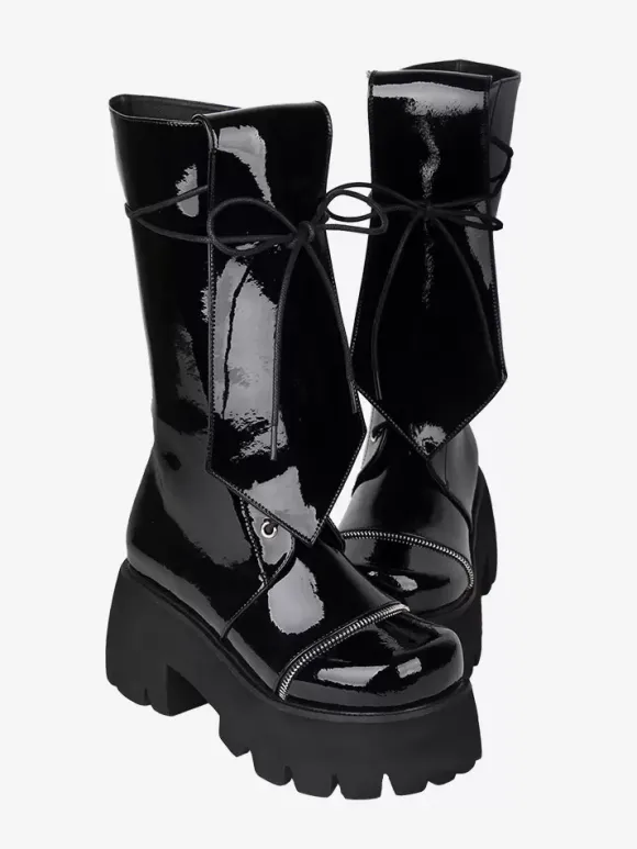 Gothic Lolita Boots Black Lace up Glitter Round Toe PU Leather Lolita Footwear