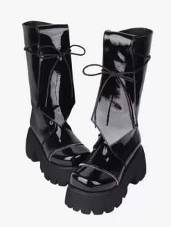 Gothic Lolita Boots Black Lace up Glitter Round Toe PU Leather Lolita Footwear