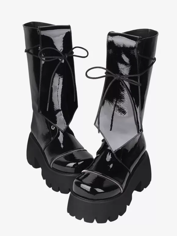 Gothic Lolita Boots Black Lace up Glitter Round Toe PU Leather Lolita Footwear
