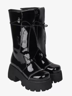 Gothic Lolita Boots Black Lace up Glitter Round Toe PU Leather Lolita Footwear