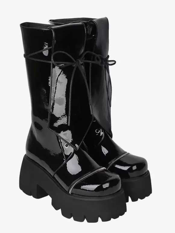 Gothic Lolita Boots Black Lace up Glitter Round Toe PU Leather Lolita Footwear