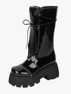 Gothic Lolita Boots Black Lace up Glitter Round Toe PU Leather Lolita Footwear