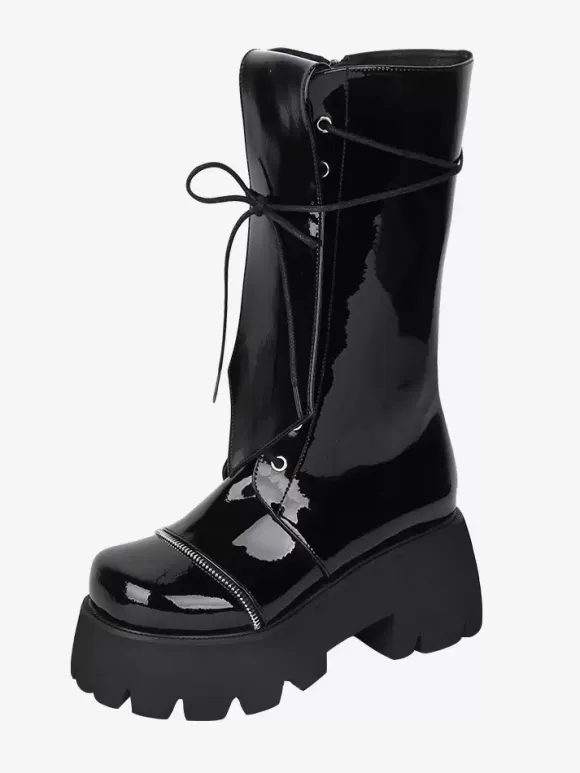 Gothic Lolita Boots Black Lace up Glitter Round Toe PU Leather Lolita Footwear