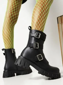 Gothic Lolita Boots Black Metal Details Round Toe PU Leather Lolita Footwear