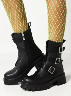 Gothic Lolita Boots Black Metal Details Round Toe PU Leather Lolita Footwear