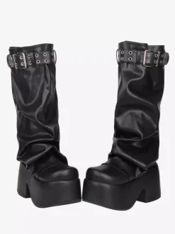 Gothic Lolita Boots Black PU Round Toe PU Leather Chunky Heel Lolita Shoes