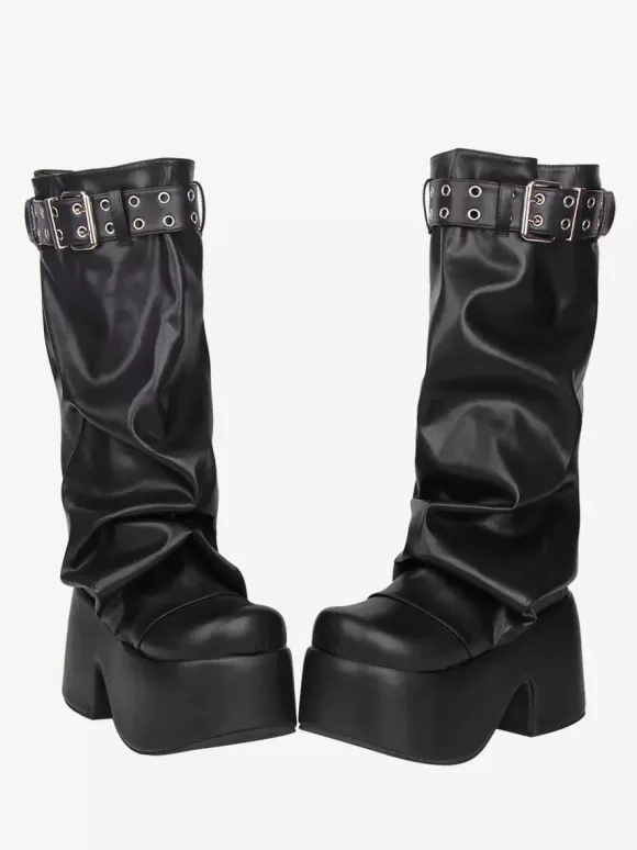 Gothic Lolita Boots Black PU Round Toe PU Leather Chunky Heel Lolita Shoes