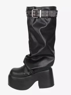Gothic Lolita Boots Black PU Round Toe PU Leather Chunky Heel Lolita Shoes