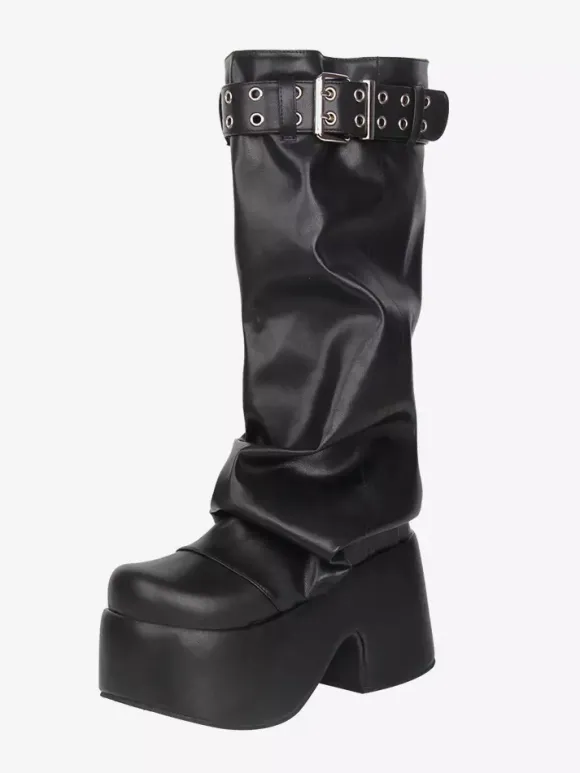 Gothic Lolita Boots Black PU Round Toe PU Leather Chunky Heel Lolita Shoes