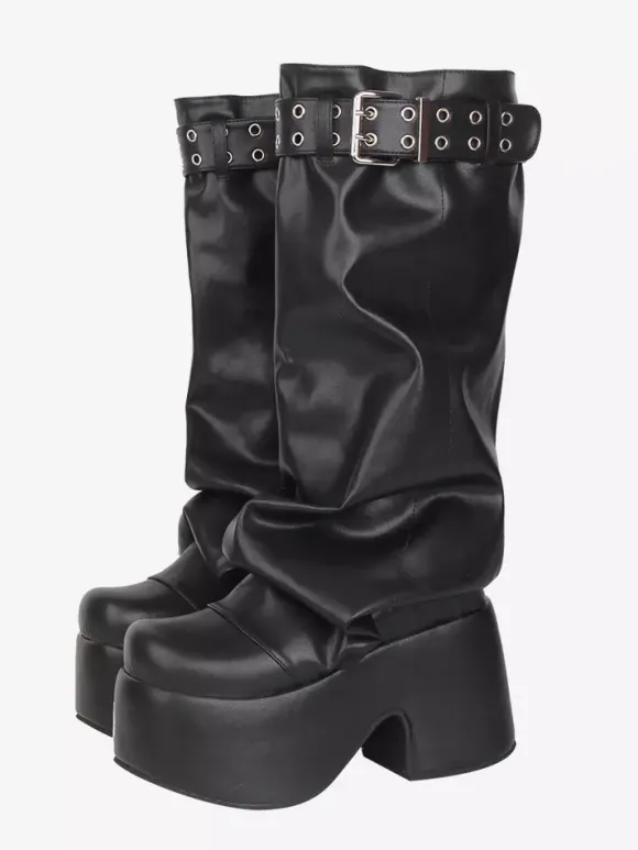 Gothic Lolita Boots Black PU Round Toe PU Leather Chunky Heel Lolita Shoes