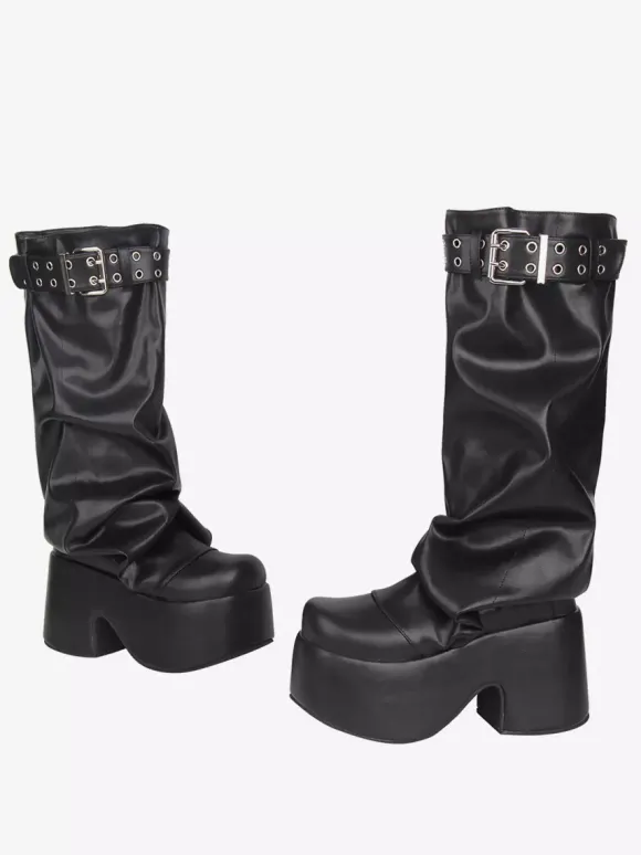 Gothic Lolita Boots Black PU Round Toe PU Leather Chunky Heel Lolita Shoes