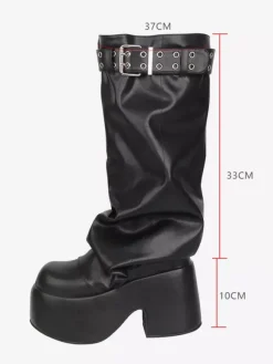Gothic Lolita Boots Black PU Round Toe PU Leather Chunky Heel Lolita Shoes