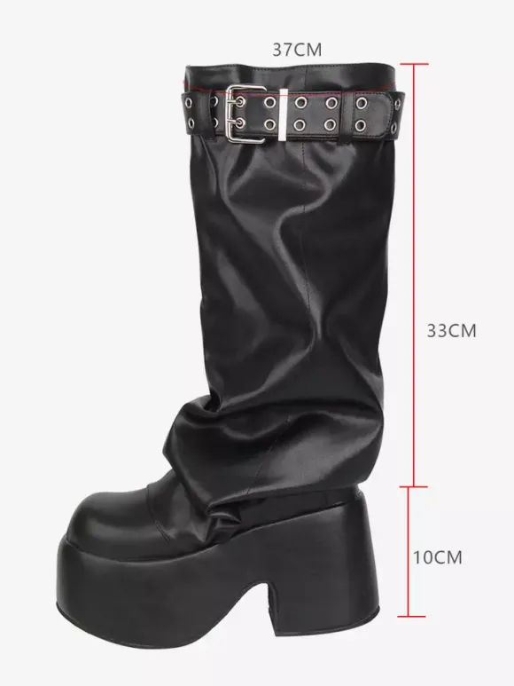 Gothic Lolita Boots Black PU Round Toe PU Leather Chunky Heel Lolita Shoes