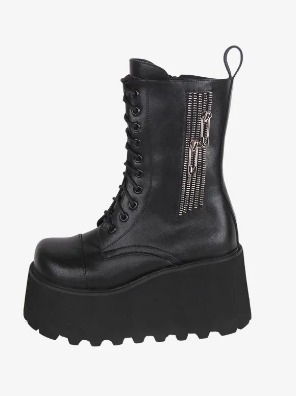 Gothic Lolita Boots Black PU Round Toe PU Leather Lolita Footwear