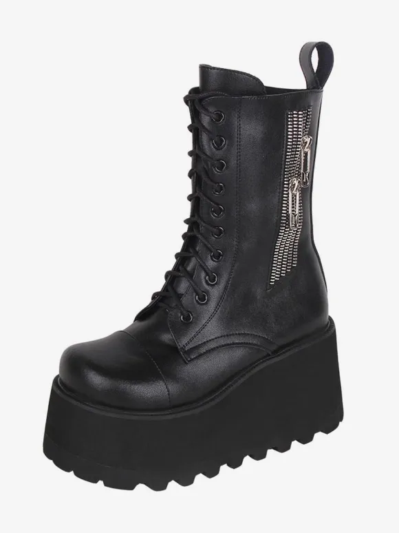 Gothic Lolita Boots Black PU Round Toe PU Leather Lolita Footwear