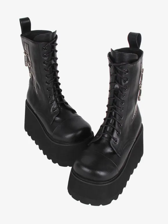 Gothic Lolita Boots Black PU Round Toe PU Leather Lolita Footwear