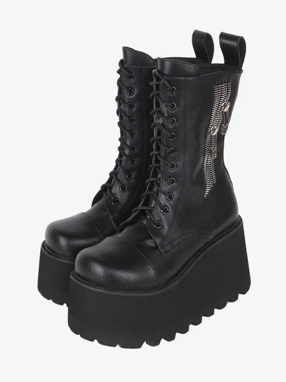Gothic Lolita Boots Black PU Round Toe PU Leather Lolita Footwear