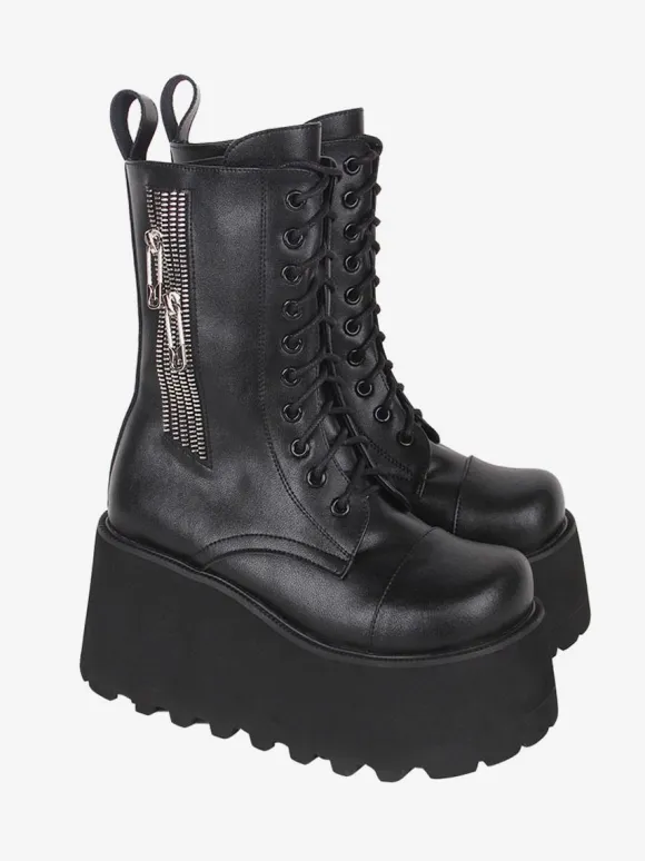 Gothic Lolita Boots Black PU Round Toe PU Leather Lolita Footwear