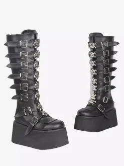 Gothic Lolita Boots Black PU Round Toe Wedge Heel Platform Lolita Shoes