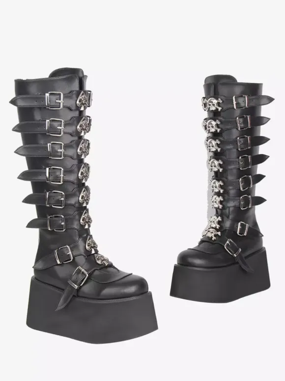 Gothic Lolita Boots Black PU Round Toe Wedge Heel Platform Lolita Shoes
