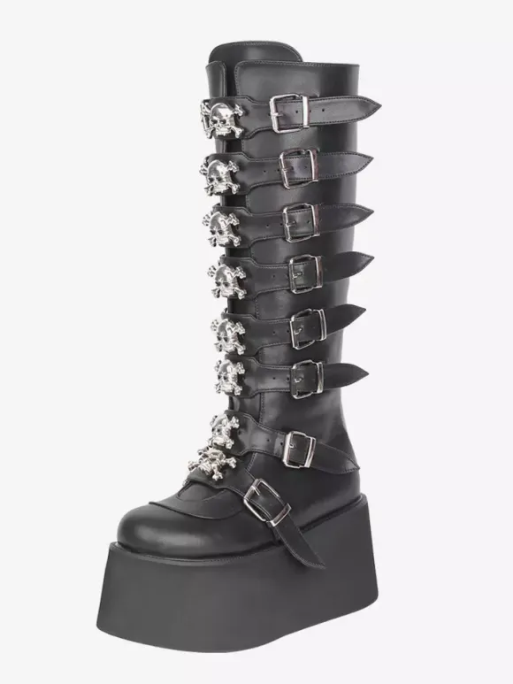 Gothic Lolita Boots Black PU Round Toe Wedge Heel Platform Lolita Shoes