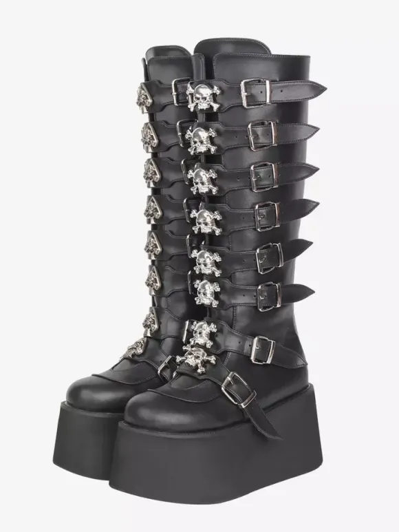 Gothic Lolita Boots Black PU Round Toe Wedge Heel Platform Lolita Shoes